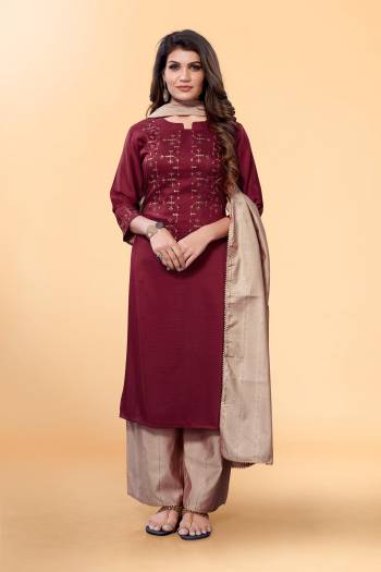 Garb This Readymade Long Dress In Fine Color Plazzo Suits.Kurti,Bottom And Dupatta Are Silk Blend Fabricated Beautified With Designer Thread Embroidery Work. It Is Light In Weight And Easy To Carry All Day Long. 