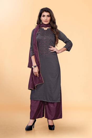 Garb This Readymade Long Dress In Fine Color Plazzo Suits.Kurti,Bottom And Dupatta Are Silk Blend Fabricated Beautified With Designer Thread Embroidery Work. It Is Light In Weight And Easy To Carry All Day Long. 