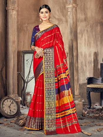 This Pretty Angelic Look Wearing This Wevon Designer Saree In Fine Color Paired With Blouse. This Saree And Blouse Is Cotton Silk Fabricated. Its Pretty Color Pallete Will Give An Attractive Look To Your Personality. 