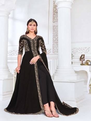 Attrective This Designer Long Length Suit In Lovely Dark Color.Its Pretty Heavy Designer Embroidery Work Top Is Myanmar Georgette Based Paired With Santoon Bottom And Swiss Georgette Fabricated Dupatta Which Gives An Attractive To The Suit.Buy Now.