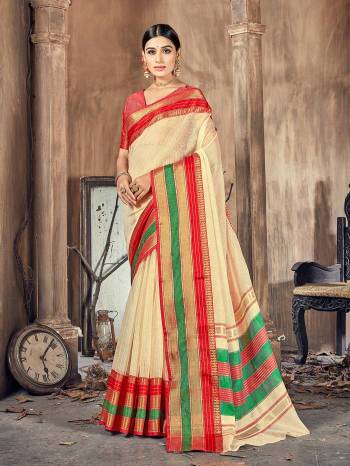 Garb This Pretty Angelic Look Wearing This Wevon Border Pallu Designer Saree In Fine Color Paired With Blouse. This Saree And Blouse Is Cotton Silk Fabricated. Its Pretty Color Pallete Will Give An Attractive Look To Your Personality. 