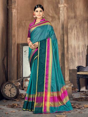 Garb This Pretty Angelic Look Wearing This Wevon Border Pallu Designer Saree In Fine Color Paired With Blouse. This Saree And Blouse Is Cotton Silk Fabricated. Its Pretty Color Pallete Will Give An Attractive Look To Your Personality. 