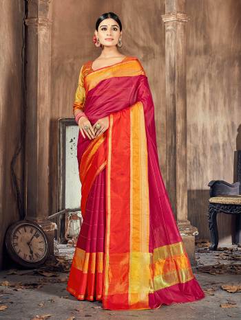 Garb This Pretty Angelic Look Wearing This Wevon Border Pallu Designer Saree In Fine Color Paired With Blouse. This Saree And Blouse Is Cotton Silk Fabricated. Its Pretty Color Pallete Will Give An Attractive Look To Your Personality. 