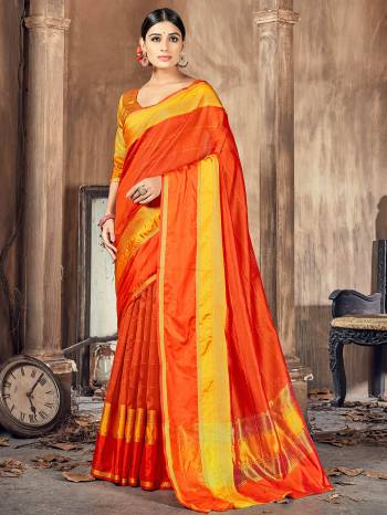 Garb This Pretty Angelic Look Wearing This Wevon Border Pallu Designer Saree In Fine Color Paired With Blouse. This Saree And Blouse Is Cotton Silk Fabricated. Its Pretty Color Pallete Will Give An Attractive Look To Your Personality. 