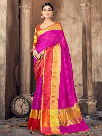 Garb This Pretty Angelic Look Wearing This Wevon Border Pallu Designer Saree In Fine Color Paired With Blouse. This Saree And Blouse Is Cotton Silk Fabricated. Its Pretty Color Pallete Will Give An Attractive Look To Your Personality. 