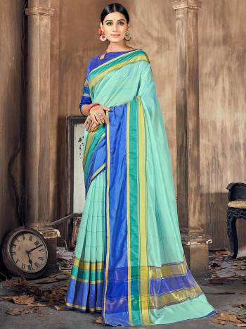 Garb This Pretty Angelic Look Wearing This Wevon Border Pallu Designer Saree In Fine Color Paired With Blouse. This Saree And Blouse Is Cotton Silk Fabricated. Its Pretty Color Pallete Will Give An Attractive Look To Your Personality. 