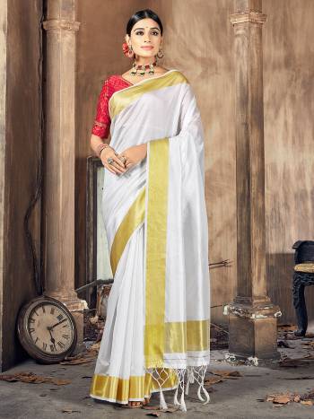 Garb This Pretty Angelic Look Wearing This Wevon Border Pallu Designer Saree In Fine Color Paired With Blouse. This Saree And Blouse Is Cotton Silk Fabricated. Its Pretty Color Pallete Will Give An Attractive Look To Your Personality. 