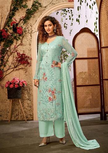 Fine Looking This Designer Long Length Suit In Lovely Color.Its Pretty Designer Embroidery, Printed Work Top Is Viscose Bembeg Georgette Based Paired With Santoon Bottom And Chiffon Fabricated Dupatta Which Gives An Attractive To The Suit.