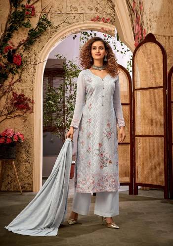 Fine Looking This Designer Long Length Suit In Lovely Color.Its Pretty Designer Embroidery, Printed Work Top Is Viscose Bembeg Georgette Based Paired With Santoon Bottom And Chiffon Fabricated Dupatta Which Gives An Attractive To The Suit.