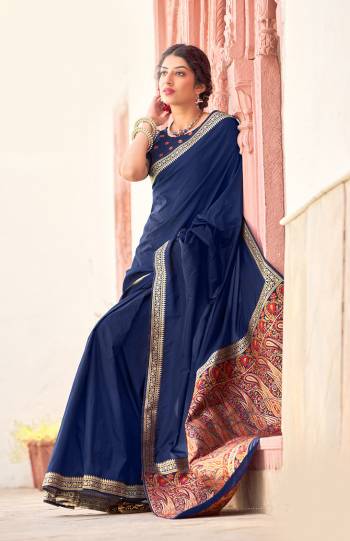 Be your own style diva with this bright colored silk designer traditional saree. This lovely attire is looking extra beautiful with embelishment of weaving work. Comes with contrast unstitched blouse piece..