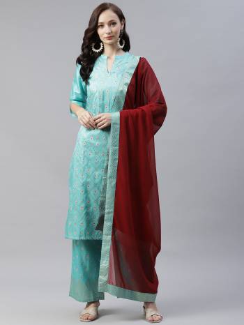 Here Is A Pretty Three-Piece Readymade Kurta Set On Beautifull Color. Its Kurti And Plazzo Are Fabricated on Poly Silk .Buy These Pretty Collection Now