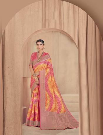 Become the subject of everyone's conversation by dressing in this eye catching colored festive wear saree. This saree is made of silk fabric which is highlighted with beautiful Zari weaving digital print work as shown. This saree is comfortable to wear and care. Paired with unstitched fabric blouse piece which can be stitched as per your choice and requirement. You can wear this saree for festivals, regular social meets and other homely events. Pair it with traditionally stylish accessories to complete the look