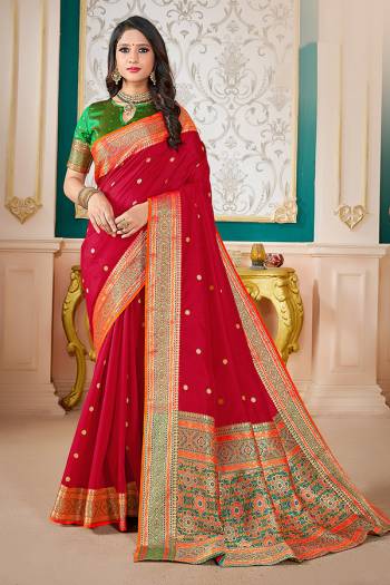 Adorn A Rich Look Wearing This Pretty Saree In Lovely Color Paired With Contrasting Beautifull Colored Blouse. This Saree and Blouse Are Fabricated On Silk Beautified With Attractive Woven. Buy Now.