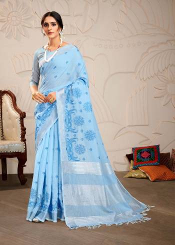 Attrective Looking This Saree Are Fine Saree Paired With Blouse.This Saree And Blouse Are Linen Based Fabric With Wevon Designer Pallu With Embroidery Work. Buy This Pretty Saree Now.