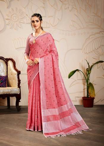 Attrective Looking This Saree Are Fine Saree Paired With Blouse.This Saree And Blouse Are Linen Based Fabric With Wevon Designer Pallu With Embroidery Work. Buy This Pretty Saree Now.