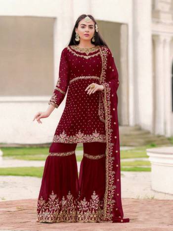 AttrectiveThis Designer Sharara Suit In Lovely Blooming Color.Its Pretty Heavy Designer Thread Embroidery Work Top Is Georgette Based Paired With Georgette Bottom And Georgette Fabricated Dupatta Which Gives An Attractive To The Suit.