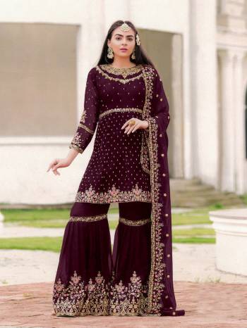 AttrectiveThis Designer Sharara Suit In Lovely Blooming Color.Its Pretty Heavy Designer Thread Embroidery Work Top Is Georgette Based Paired With Georgette Bottom And Georgette Fabricated Dupatta Which Gives An Attractive To The Suit.