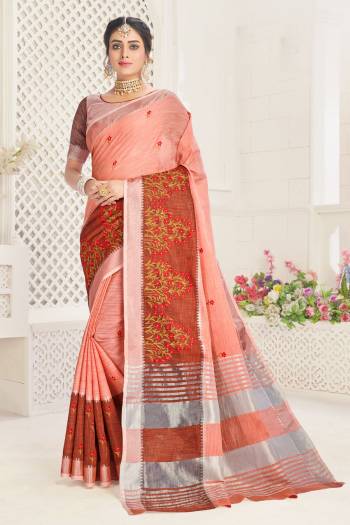 Garb This Tassle Saree Paired With Blouse.This Saree And Blouse Are Linen Based Fabric With Wevon Designer With Embroidery Work. Buy This Pretty Saree Now.