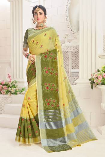 Garb This Tassle Saree Paired With Blouse.This Saree And Blouse Are Linen Based Fabric With Wevon Designer With Embroidery Work. Buy This Pretty Saree Now.