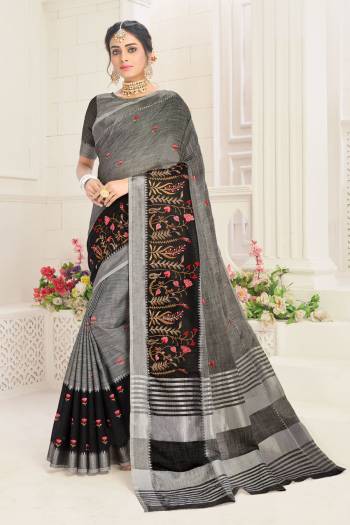 Garb This Tassle Saree Paired With Blouse.This Saree And Blouse Are Linen Based Fabric With Wevon Designer With Embroidery Work. Buy This Pretty Saree Now.