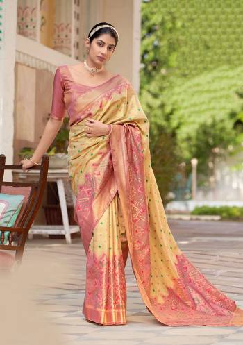 Attrective This Wedding Partywear Stylist Designer Fine Colour Saree Paired With Blouse.This Saree And Blouse Are Kanjivaram Silk Fabric With Heavy Designer Wevon Work. Buy This Pretty Saree Now.