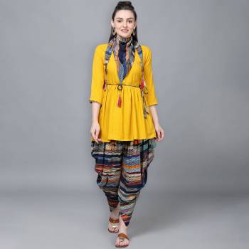 Attrective This Looking Readymade Long Kurti, Dhoti With Scarf In Fine Color. Its Kurti,Dhoti And Scarf Are Rayon Fabricated Beautified With Designer Hand Work With Digital Printed Dhoti And Scarf. It Is Light In Weight And Easy To Carry All Day Long. 