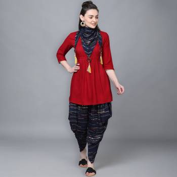 Attrective This Looking Readymade Long Kurti, Dhoti With Scarf In Fine Color. Its Kurti,Dhoti And Scarf Are Rayon Fabricated Beautified With Designer Hand Work With Digital Printed Dhoti And Scarf. It Is Light In Weight And Easy To Carry All Day Long. 