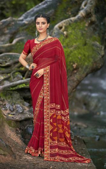 Looking This Designer Casual Wear Saree Are Fine Saree Paired With Blouse.This Saree And Blouse Are Georgette Based Fabric With Designer Abstract Printed With Lace. Buy This Pretty Saree Now.