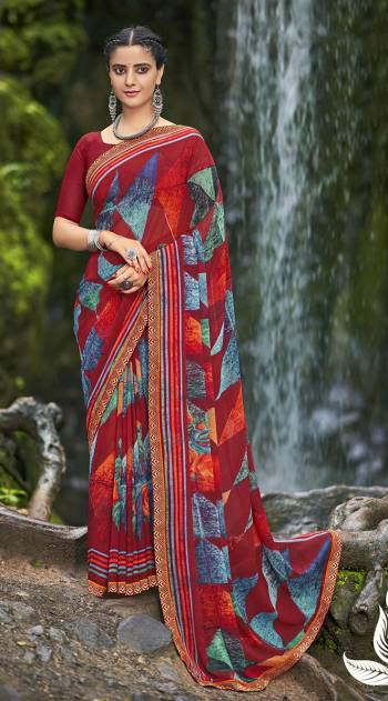 Looking This Designer Casual Wear Saree Are Fine Saree Paired With Blouse.This Saree And Blouse Are Georgette Based Fabric With Designer Abstract Printed With Lace. Buy This Pretty Saree Now.