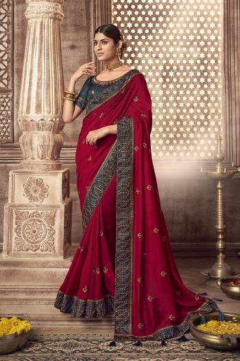 Stylist This Partywear Designer Fine Colour Saree Paired With Blouse.This Saree Are Vichitra Silk And Blouse Are Two Tone Phantom Silk Fabric With Heavy Jari,Resham Embroidery Embroidery,Stone Work Blouse. Buy This Pretty Saree Now.