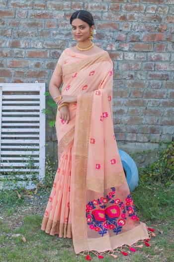 Attrective This Partywear Saree Paired With Blouse.This Saree And Blouse Are Handloom Linen Based Fabric With Heavy Wevon Meenakari Designer Work. Buy This Pretty Saree Now.