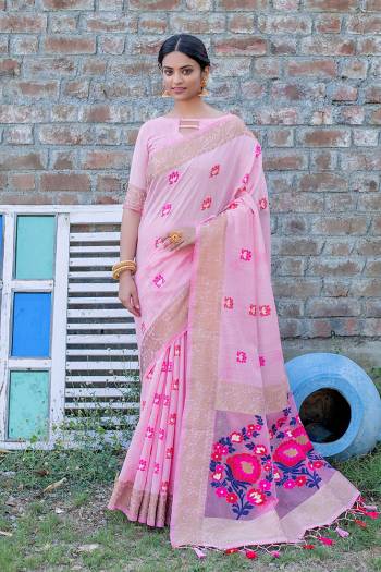 Attrective This Partywear Saree Paired With Blouse.This Saree And Blouse Are Handloom Linen Based Fabric With Heavy Wevon Meenakari Designer Work. Buy This Pretty Saree Now.