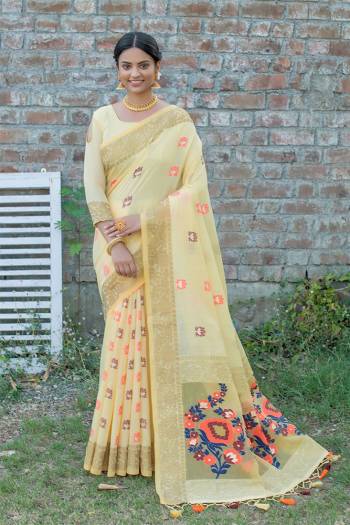 Attrective This Partywear Saree Paired With Blouse.This Saree And Blouse Are Handloom Linen Based Fabric With Heavy Wevon Meenakari Designer Work. Buy This Pretty Saree Now.