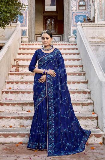 Stylist Looking This Partywear Designer Fine Colour Saree Paired With Blouse.This Saree And Blouse Are Vichitra Silk Fabric With Heavy Designer Embroidery Work. Buy This Pretty Saree Now.