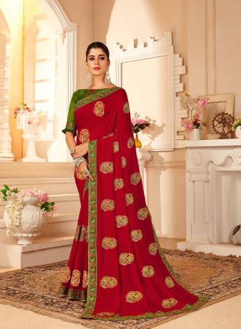 Looking This Partywear Designer Fine Colour Saree Paired With Contrast  Blouse.This Saree Are P.C.Vichitra Silk And Blouse Are Art Silk Fabric With Heavy Designer Embroidery Work. Buy This Pretty Saree Now.