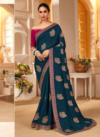 Looking This Partywear Designer Fine Colour Saree Paired With Contrast  Blouse.This Saree Are P.C.Vichitra Silk And Blouse Are Art Silk Fabric With Heavy Designer Embroidery Work. Buy This Pretty Saree Now.