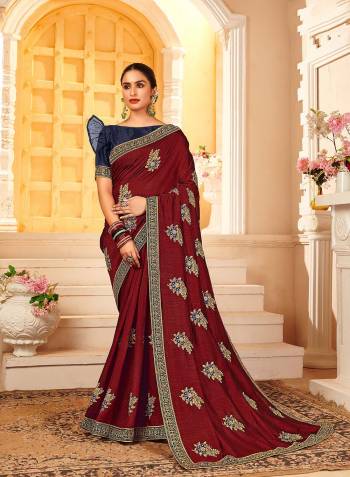 Looking This Partywear Designer Fine Colour Saree Paired With Contrast  Blouse.This Saree Are P.C.Vichitra Silk And Blouse Are Art Silk Fabric With Heavy Designer Embroidery Work. Buy This Pretty Saree Now.