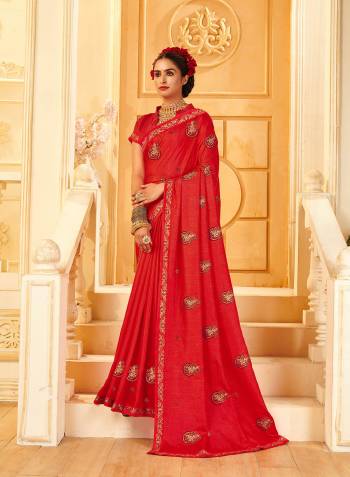 Garb This Designer Fine Color Saree Paired With Blouse.This Saree And Blouse Are C.P.Vichitra Silk Fabric With Heavy Designer Thread Embroidery Work. Buy This Pretty Saree Now.