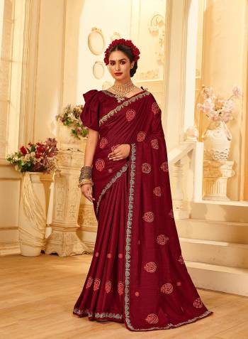 Garb This Designer Fine Color Saree Paired With Blouse.This Saree And Blouse Are C.P.Vichitra Silk Fabric With Heavy Designer Thread Embroidery Work. Buy This Pretty Saree Now.