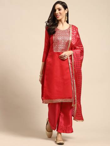 Stylist This Designer Suits In Lovely Color.?Its Pretty Designer Embridery Work Top Is Modal Chanderi Based Paired Bottom Santoon With Soft Banarasi Fabricated Dupatta Which Gives An Attractive To The Dress.