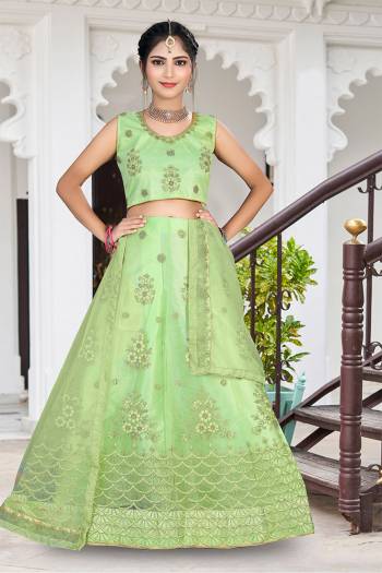 Attrective Looking Kidswear Readymade Designer Lehenga Choli In Fine Color Fabricated On Net And Dupatta Are Net Beautified With Heavy Attractive Thread Embroidery Work. Buy Now.