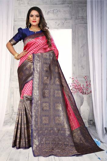 Attrective This Wedding Partywear Saree Paired With Contrasted Blouse.This Saree And Blouse Are Banarasi Silk Based Fabric With Weaving Rich Pallu Designer. Buy This Pretty Saree Now.