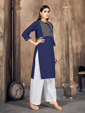 Stylist This Readymade Long Kurti With Pant In Fine Color.Its Kurti And Bottom Are Rayon Fabricated Beautified With Designer Embroidery Work. It Is Light In Weight And Easy To Carry All Day Long. 