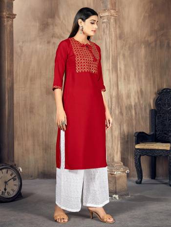 Stylist This Readymade Long Kurti With Pant In Fine Color.Its Kurti And Bottom Are Rayon Fabricated Beautified With Designer Embroidery Work. It Is Light In Weight And Easy To Carry All Day Long. 