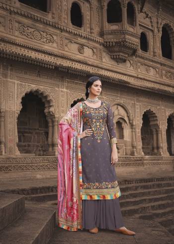 Looking This Designer Suits In Lovely Color.?Its Pretty Designer Digital Printed With Embroidery Work Top Is Pashmina Silk Based Paired Bottom Pashmina Silk With Acrylic Pashmina Fabricated Dupatta. Which Gives An Attractive To The Dress.