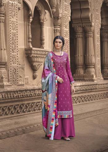 Looking This Designer Suits In Lovely Color.?Its Pretty Designer Digital Printed With Embroidery Work Top Is Pashmina Silk Based Paired Bottom Pashmina Silk With Acrylic Pashmina Fabricated Dupatta. Which Gives An Attractive To The Dress.