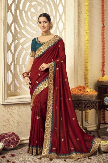 Stylist This Partywear Designer Fine Colour Saree Paired With Contrasted Blouse.This Saree Are Vichitra Silk And Blouse Are Phantom Silk Fabric With Heavy Jacquad Border With Jari,Resham Embroidery Work Blouse. Buy This Pretty Saree Now.