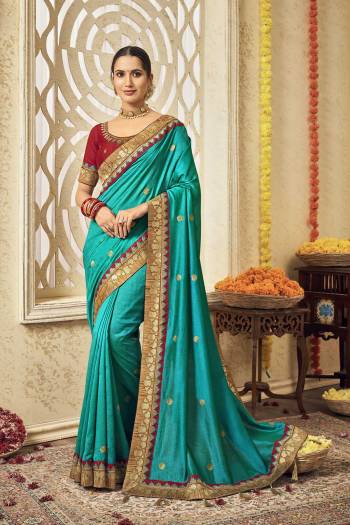 Stylist This Partywear Designer Fine Colour Saree Paired With Contrasted Blouse.This Saree Are Vichitra Silk And Blouse Are Phantom Silk Fabric With Heavy Jacquad Border With Jari,Resham Embroidery Work Blouse. Buy This Pretty Saree Now.