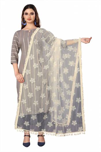 Enhance The Look Of Your Gown, Lehenga Or Even Kurti With This Pretty Cotton White Thread With Gold Sequance Embroidered Work Net Fabricated Dupatta. You Can Pair This Up Same Or Contrasting Colored Attire. Buy Now.