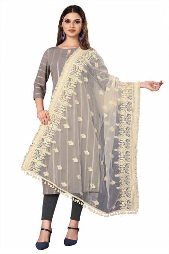 Enhance The Look Of Your Gown, Lehenga Or Even Kurti With This Pretty Cotton White Thread With Gold Sequance Embroidered Work Net Fabricated Dupatta. You Can Pair This Up Same Or Contrasting Colored Attire. Buy Now.